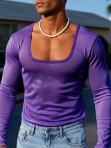 Mens Shiny Square Neck Long-Sleeve T-Shirt SKUL02090