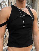 Men's Avant-Garde Asymmetrical Zipper Strappy Cold-Shoulder Cropped Tank SKUL58709