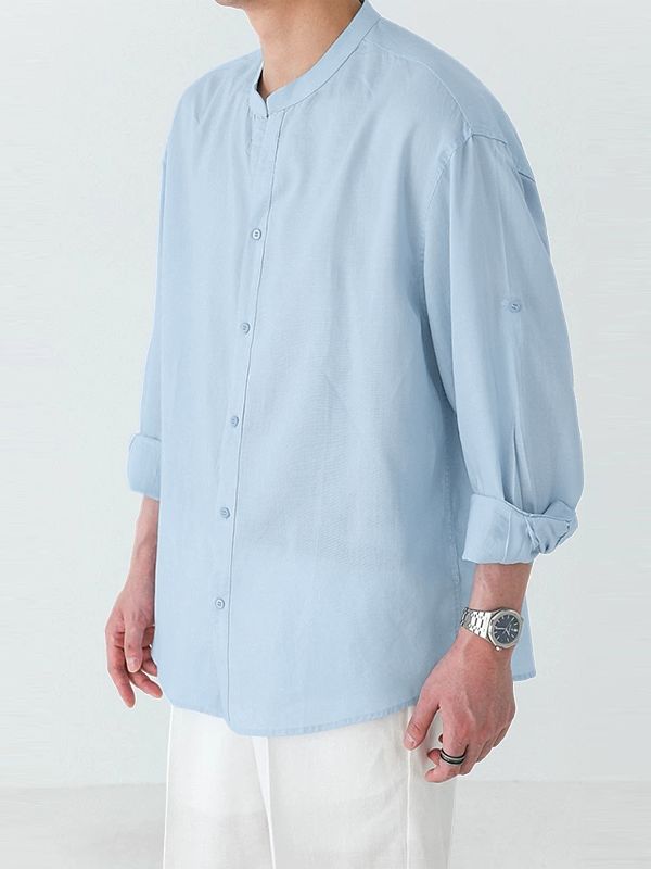 Men's Clean Casual Resort Mandarin Collar Long Sleeve Shirt SKUL79525