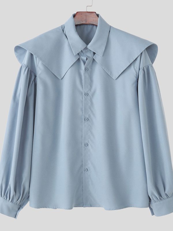 Men's Solid Color Shawl Long Sleeve Shirt SKUL42814