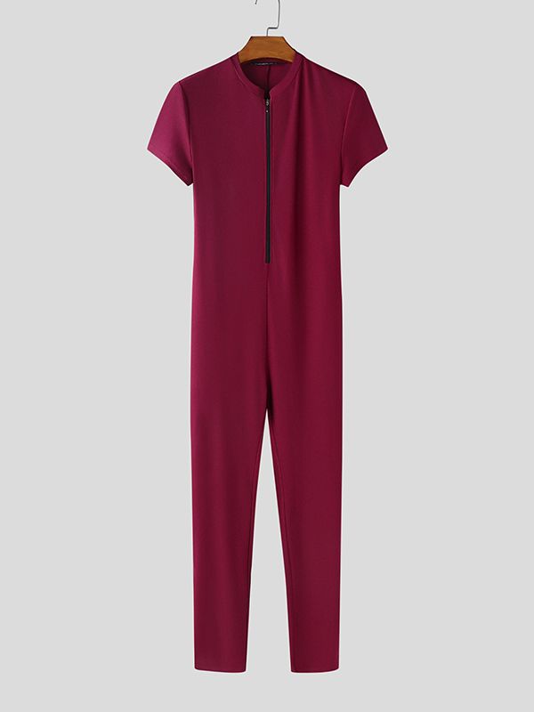 Men's Slim Fit Crew Neck Zipper Short Sleeve Bodysuit SKUL48656