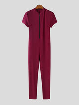 Men's Slim Fit Crew Neck Zipper Short Sleeve Bodysuit SKUL48656