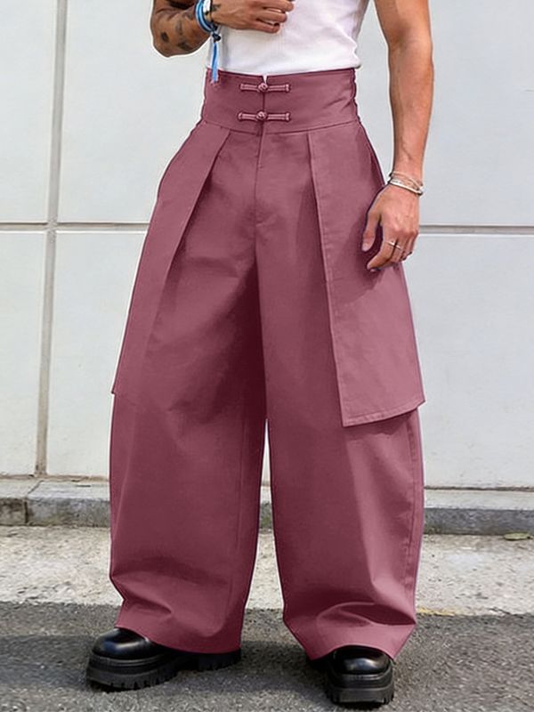 Men's Panel Patchwork Frog Button Wide Leg High Waist Pant SKUL59497