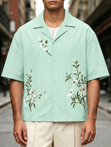 Men's Vintage Botanical Floral Embroidered Cuban Collar Relaxed Fit Short Sleeve Shirt SKUL72584