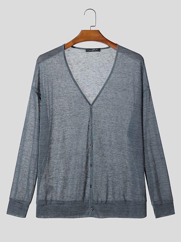 Men's Solid Color Sheer Casual Long Sleeve Cardigan SKUL39017