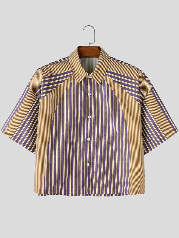 Men's American Vintage Vertical Stripe Drop-Shoulder Cropped Short Sleeve Shirt SKUL71273