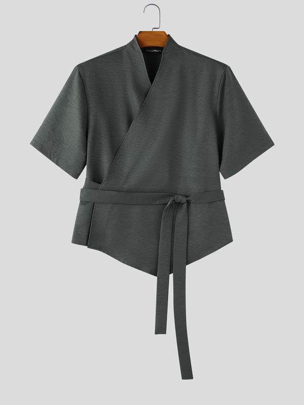 Men's Resort Wear Textured Kimono Wrap Short Sleeve Shirt SKUL78265
