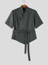 Men's Resort Wear Textured Kimono Wrap Short Sleeve Shirt SKUL78265