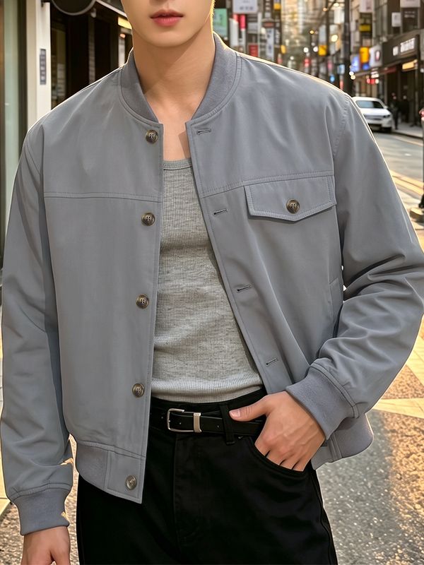 Men's Modern Urban Ribbed Collar Single Pocket Bomber Jacket SKUL79619
