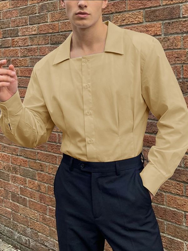 Men's Solid Color Square Neck Slim Fit Long Sleeve Shirt SKUL52578