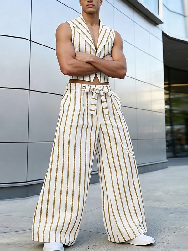 Men's Luxury Vertical Stripe Cropped Two Pieces Outfit SKUL61696