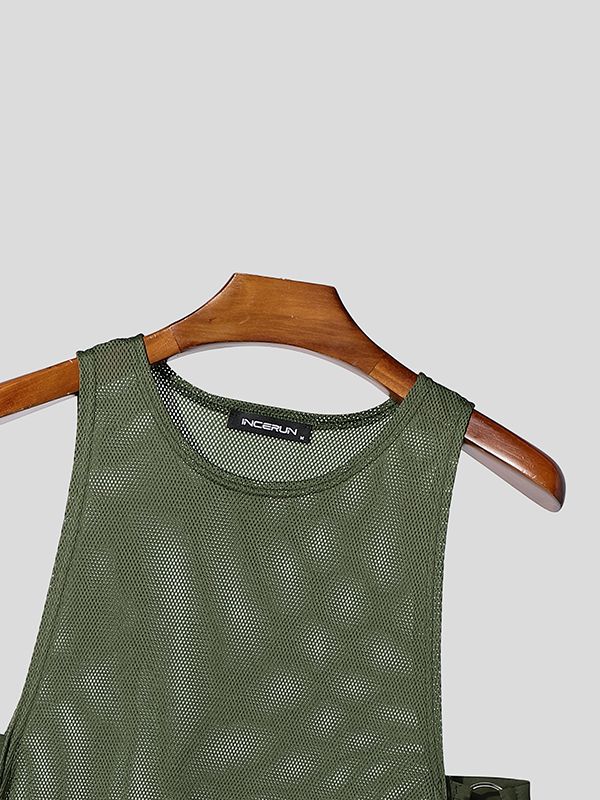 Men's Y2K Avant-Garde Sheer Mesh D-Ring Buckle Open-Side Tank SKUL74578