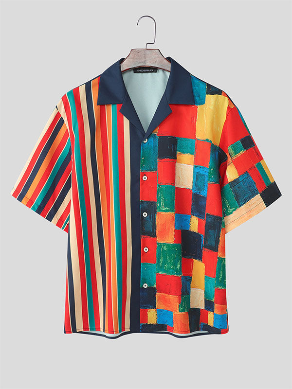 Mens Geometric Colorblock Print Short Sleeve Shirt SKUL12894