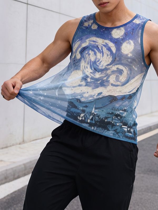 Men's High Street Wear Starry Night Oil Painting Sheer Mesh Casual Tank SKUL55292