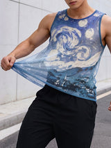 Men's High Street Wear Starry Night Oil Painting Sheer Mesh Casual Tank SKUL55292