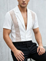 Men's Avant-Garde Pearl Beaded Mesh Patchwork Short Sleeve Cuban Collar Shirt SKUL64296