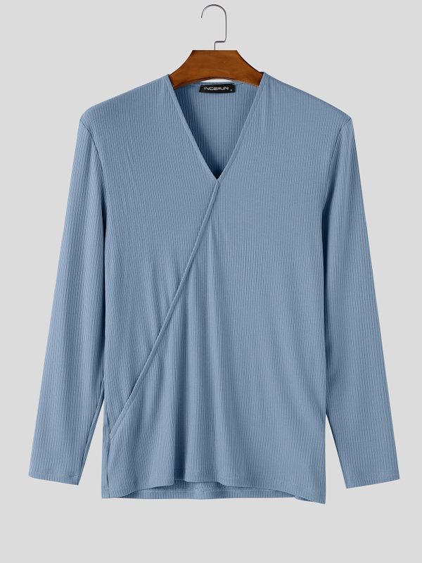 Men's Early Autumn Solid Ribbed Deep V-Neck Sweater SKUL81072
