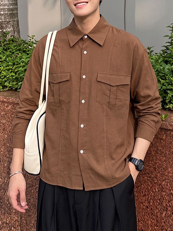 Men's Japanese Streetwear City Boy Oversized Boxy Cropped Utility Button-Up Shirt SKUL78182