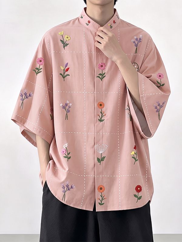 Men's Avant-Garde Neo-Chinese Dotted-Grid Floral Print Short Sleeve Shirt SKUL72451
