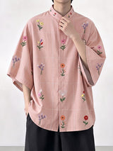 Men's Avant-Garde Neo-Chinese Dotted-Grid Floral Print Short Sleeve Shirt SKUL72451