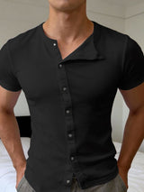 Men's Solid Color Asymmetric Placket Textured Button Short Sleeve T-shirt SKUL59951