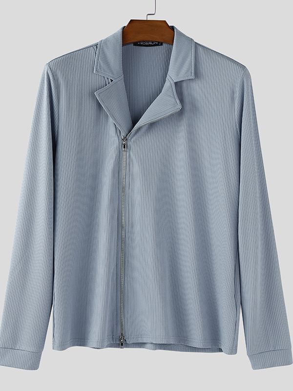 Men's Knitted Texture Lapel Double Zip Long Sleeve Cardigan SKUL35091