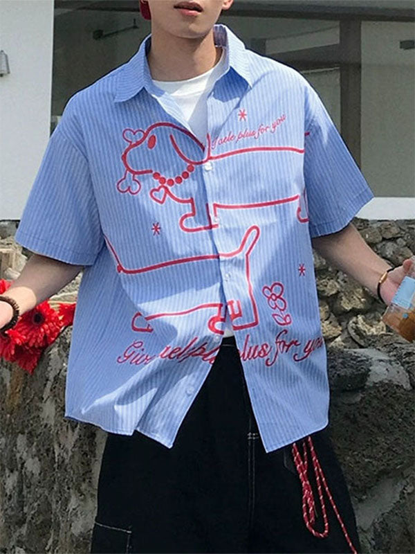 Men's Cartoon Dog Print Striped Short Sleeve Shirt SKUL26987