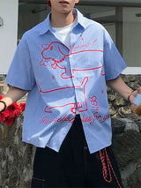 Men's Cartoon Dog Print Striped Short Sleeve Shirt SKUL26987