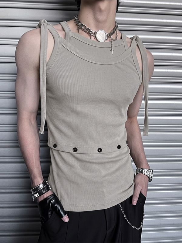 Men's Avant-Garde Multi-Strap Tie Shoulder Button Decor Fit Ribbed Tank SKUL74520