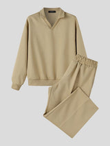 Men's High-Street Textured Polo Collar Two Pieces Outfit SKUL80488