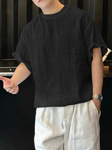 Men's Japanese Relaxed Style Texture Oversized Rolled Cuff T-shirt SKUL76481