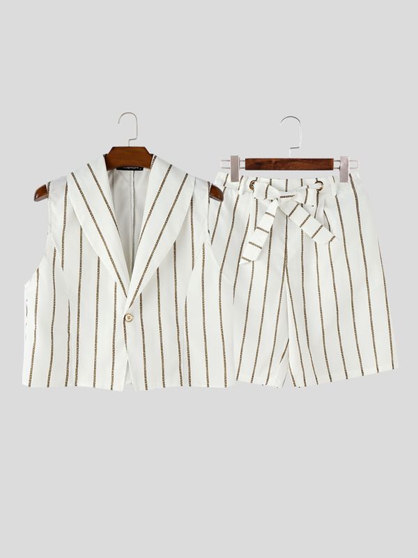 Men's Avant-Garde Striped Cropped Lapel Two Pieces Outfit SKUL61886