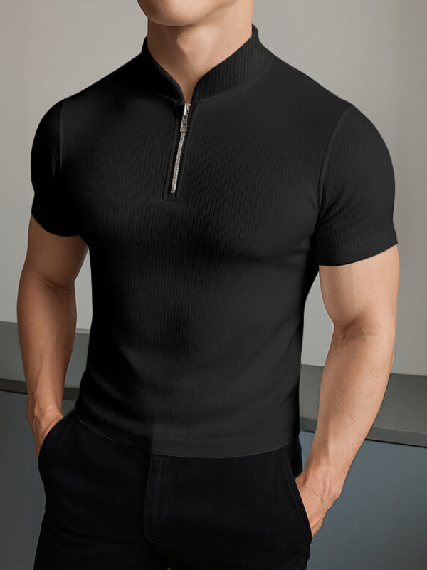 Mens Knit Stand Collar Short Sleeve T-Shirt SKUL17896