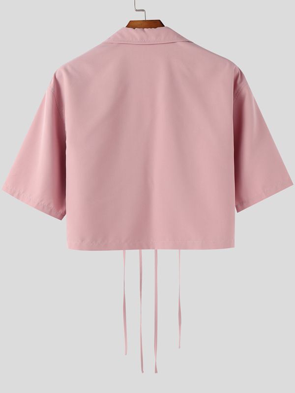 Men's Drawstring Patch Pocket Short Sleeve Shirt SKUL39361