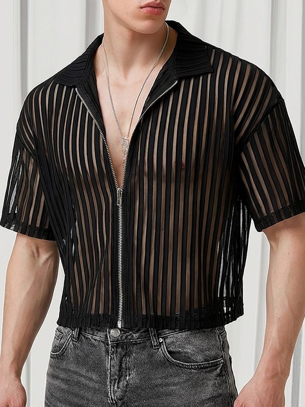 Men's Striped Sheer Mesh Short Sleeve Shirt SKUL54671