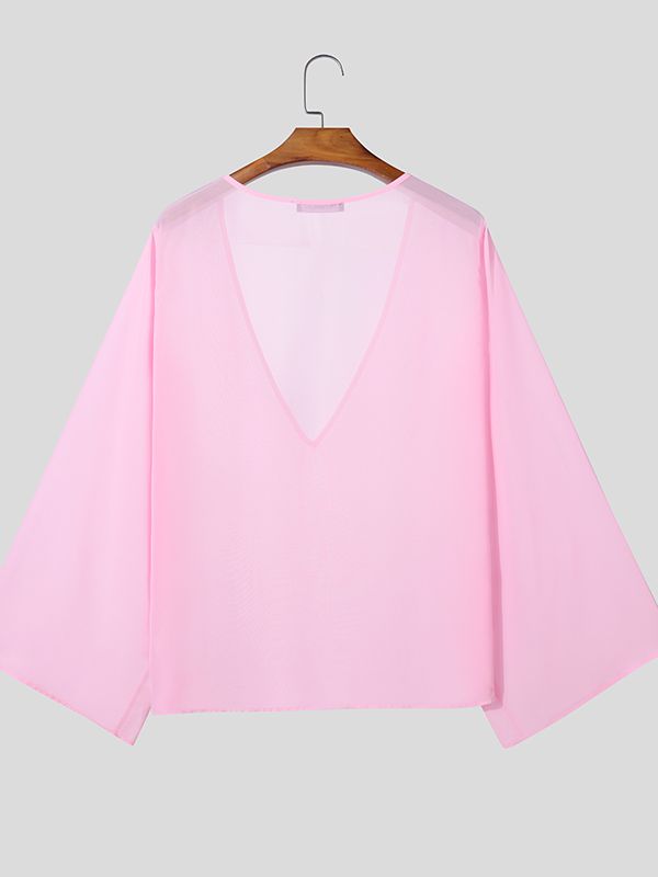 Men's Sheer Deep V Neck Long Sleeve Shirt SKUL51808