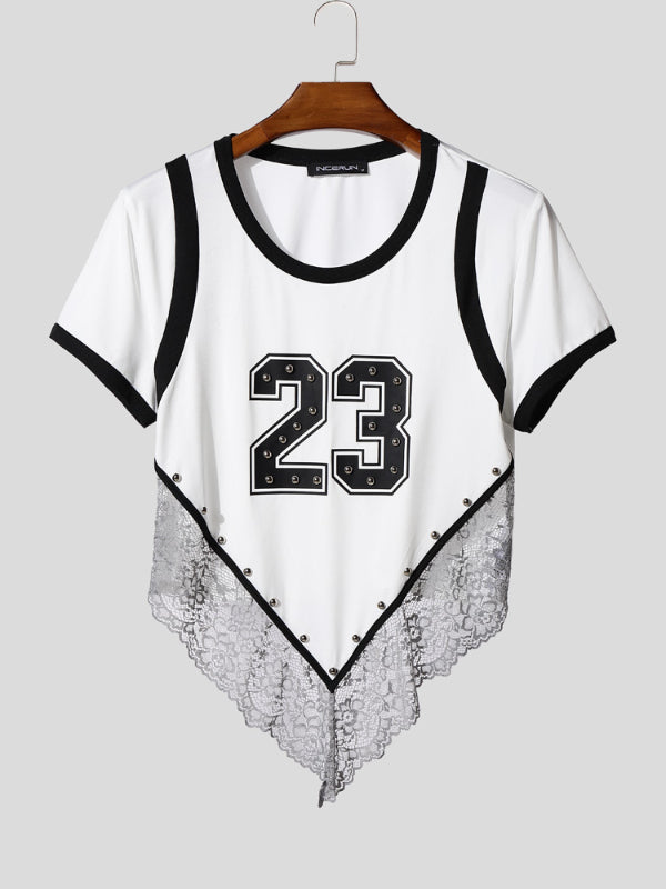 Men's Number Print Sheer Lace Patchwork Short Sleeve T-Shirt SKUL22539