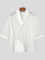 Men's Avant-Garde Geometric Hollow-Out Lace New Chinese Style Wrap Cardigan SKUL55355