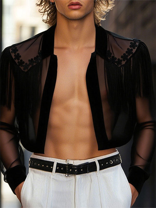 Mens Floral Embroidered Sheer Long Sleeve Cardigan SKUL13046