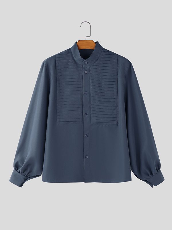 Men's Solid Color Pleated Long Sleeve Shirt SKUL48014