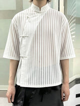 Men's Striped Sheer Frog Button Short Sleeve Shirt SKUL55428