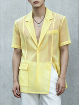 Men's Avant-Garde Sheer Organza Mesh Notch Lapel Asymmetric Split Short Sleeve Blazer SKUL58779