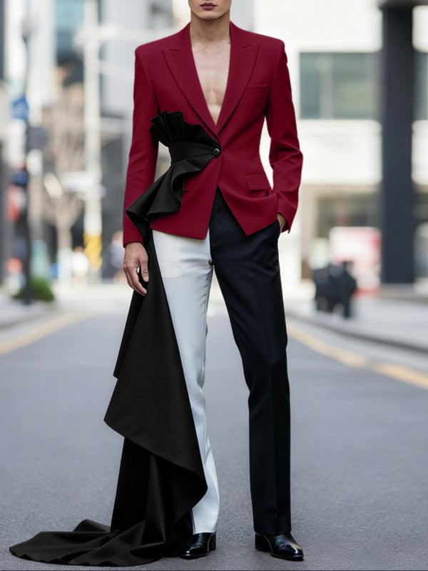 Men's Colorblock Ruffled Patchwork Long Sleeve Blazer SKUL40177