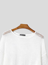 Men's Sexy Party Horizontal Stripe Open Knit See-Through Loose Long Sleeve T-shirt SKUL81855