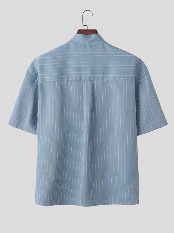 Men's Japanese Chic Pinstripe Collarless Deep V-Neck Boxy Cropped Short Sleeve Shirt SKUL68458