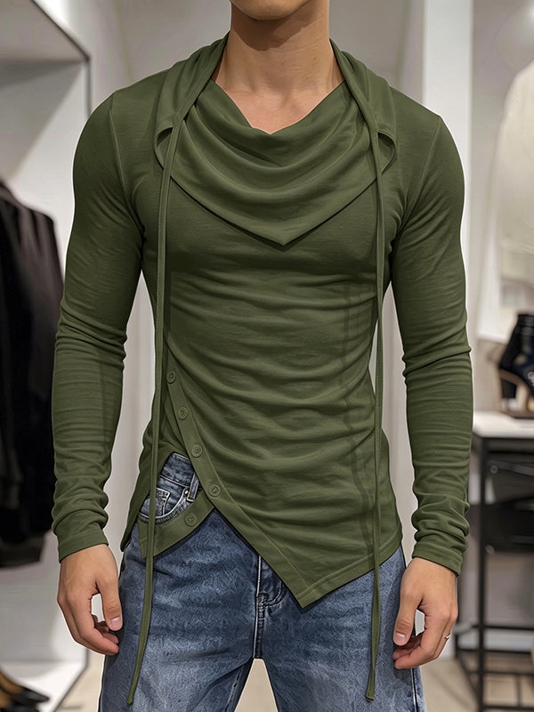Men's Avant-Garde High Street Draped Cowl Neck Hanging Drawstring Asymmetrical Pointed Hem Long Sleeve T-shirt SKUL83998