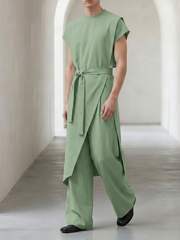 Men's Avant-Garde Asymmetric Wrap Split Longline Two Pieces Outfit SKUL67011