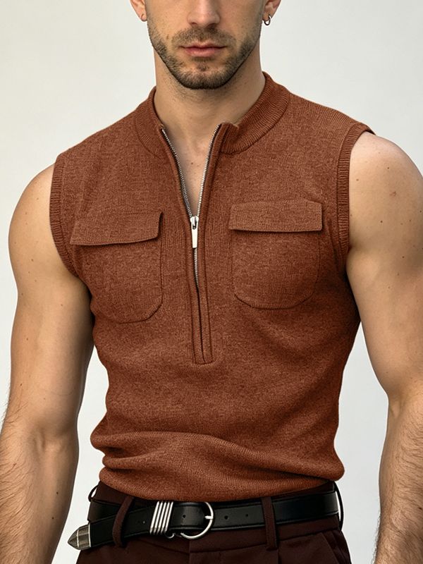 Men's Vintage Casual Half-Zip Knit Fitted Muscle Cargo Tank SKUL69703