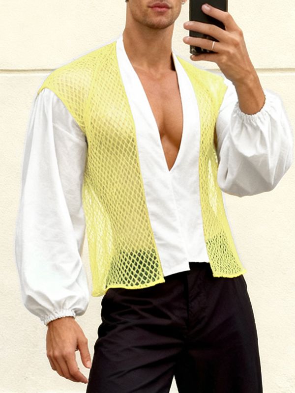 Men's Sheer Mesh Contrast Color Long Sleeve Shirt SKUL46095