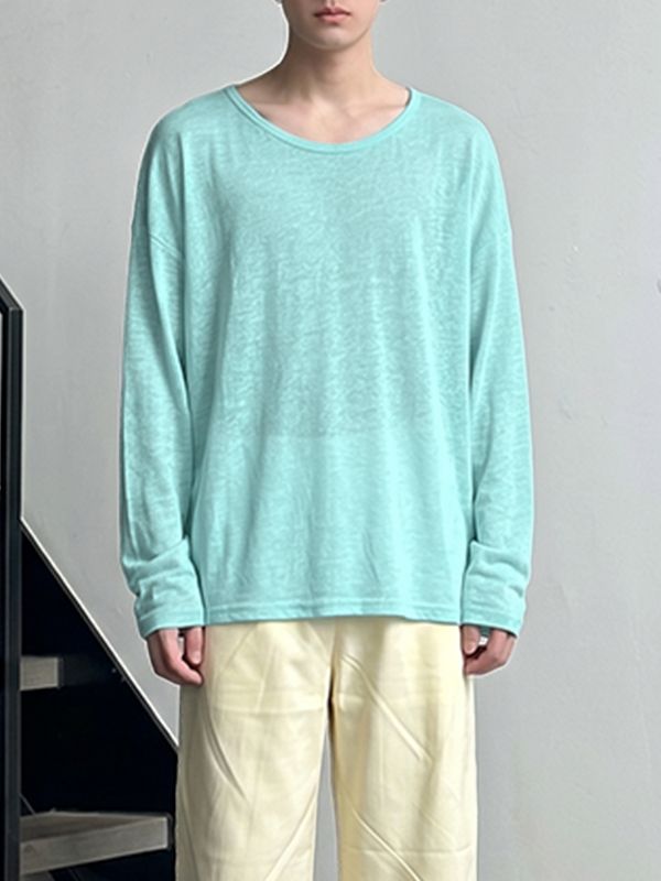 Men's Minimalist Harajuku Sheer Knit Scoop Neck Long Sleeve T-shirt SKUL70245